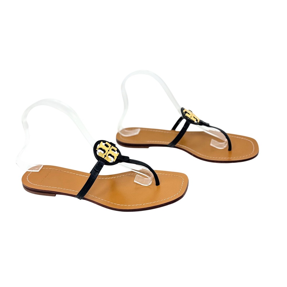 Tory Burch Mini Miller Sandals Black Leather Logo Thong Size 8.5 - Picture 2 of 10